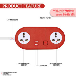 KLICK GADGETS HEAVY DUTY EXTENSION BOARD 6V-2.4 Amp WITH 2 SOCKET RED